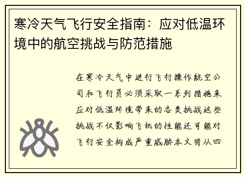 寒冷天气飞行安全指南：应对低温环境中的航空挑战与防范措施